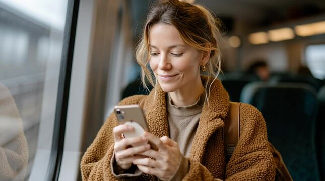 Commuting Connection: A woman engrossed in her phone while riding on a train, the image conveying themes of modern travel, connectivity, and personal moments during a journey.
