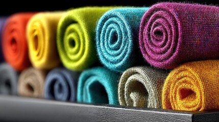 Colorful Rolled Fabric Textiles Displayed on a Shelf for Home Decor and Crafting