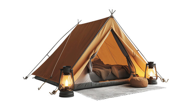• A cozy camping setup with a foldable tent and LED lantern, isolated on white background in HD - Powered by Adobe
