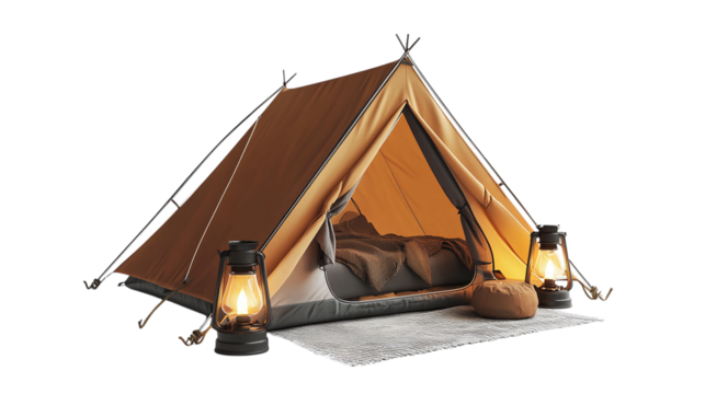 • A cozy camping setup with a foldable tent and LED lantern, isolated on white background in HD 