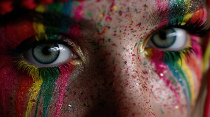 Vibrant Close-Up of Artistic Face with Colorful Festival Makeup and Glitter