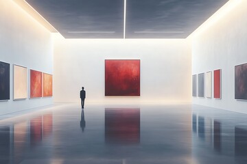 Fototapeta premium Minimalist Art Gallery Interior with Red Abstract Painting and White Walls
