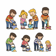 Families playing with sand buckets at the beach