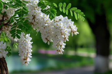 White acacia blooms cascade from a branch with small green leaves set against a blurred green background