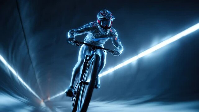 A dynamic male cyclist races through a futuristic tunnel illuminated by striking blue lights, evoking a sense of speed and adrenaline. The scene captures the thrill of adventure and exploration.   