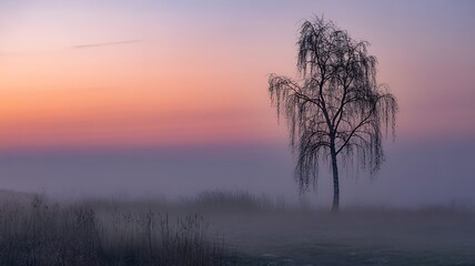 Solitary bare birch tree stands in dense fog during a vibrant pastel sunrise