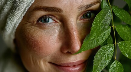 Close-Up Portrait of a Smiling Woman with Fresh Green Leaves and Dewy Skin for Wellness and Beauty Concepts
