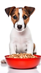 Jack Russell Terrier puppy dog ​​sitting next to red bowl with dry dog ​​food and looking at camera on white background with copy space. banner for text.. vertical photo. pet care