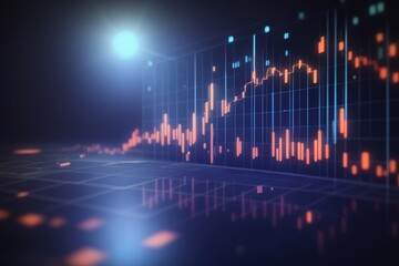 Graphic depicts a stock market chart with red bars against a blue grid reflecting on a shiny surface lit by a bright spot