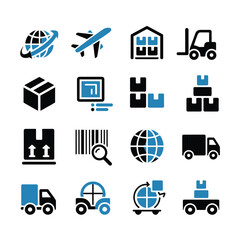 Sixteen Blue and Black Logistics Icons Set Global Shipping Delivery Transportation Warehouse Packages Boxes Airplane Truck Forklift Barcode World Map