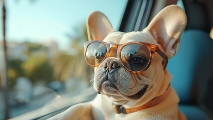 Cool brown French bulldog pet wearing sunglasses sitting in car window enjoying sunny outdoor day with relaxed and curious expression near palm tree animal lover scene