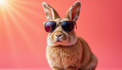 Fototapeta premium technology generated digital art of a rabbit in sunglasses against an orange to pink background