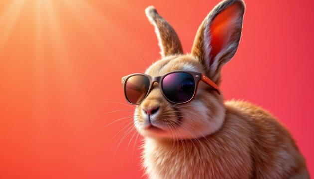 technology generated digital art of a rabbit in sunglasses against an orange to pink background