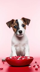 Jack Russell Terrier puppy dog ​​sitting next to red bowl with dry dog ​​food and looking at camera on pastel pink background with copy space. banner for text.. vertical photo. pet care
