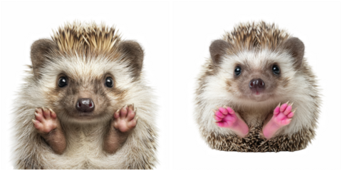 Two adorable hedgehogs with their paws up against a black background looking at the viewer