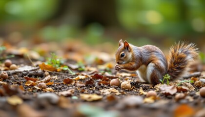 Fototapeta premium squirrel inspecting nuts on forest floor subject on right, copy space on left.