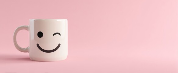 The cheerful mug with a smiley face against a soft pink background.