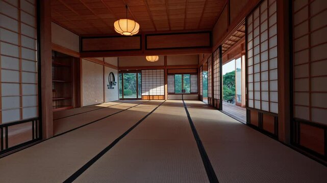 Spacious traditional Japanese room with tatami mats, shoji screens, and wooden beams. Soft light highlights serene, minimalist aesthetics.