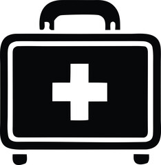 A simple black and white graphic icon representing a medical first aid kit with a white cross on its front and a handle on top