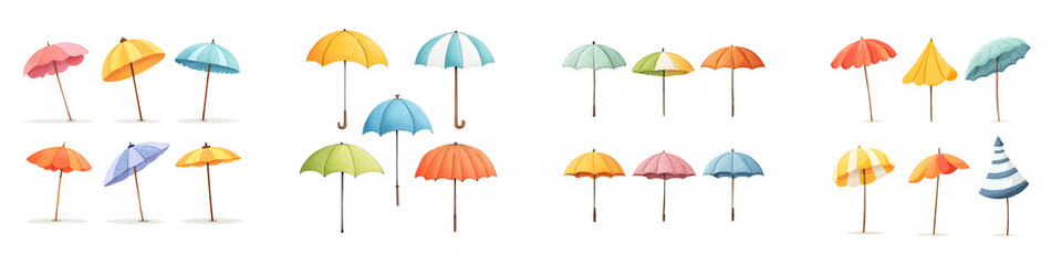 Collection of Colorful Beach Umbrellas - Summer Vacation Theme Isolated on White