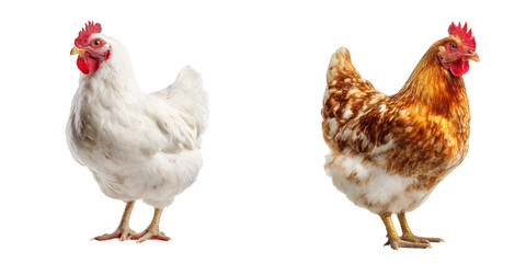 Fototapeta premium Two chickens standing side by side against a black background in a studio setting