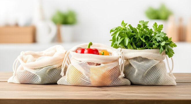 Zero waste lifestyle featuring fresh produce in reusable organic cotton mesh bags on a kitchen table presents eco-friendly sustainability.
