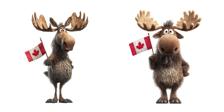 Two cartoon moose characters holding canadian flags against a transparent background
