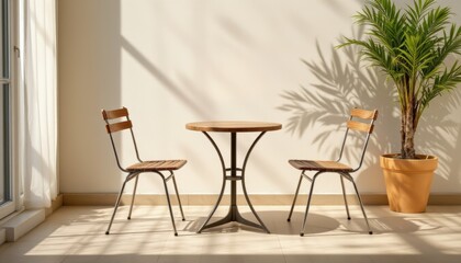 create a  photo ready image featuring a table and two chairs placed in crisp sunlight with a clear and uncluttered position, position the subject on the right side of the frame
