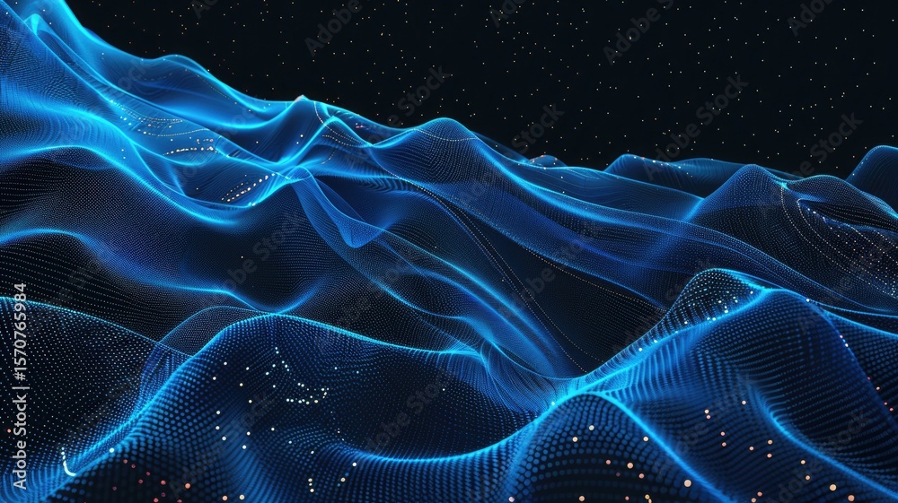 Poster abstract picture micro light sparkling particle represent data flow vivid flowing wave with high tec