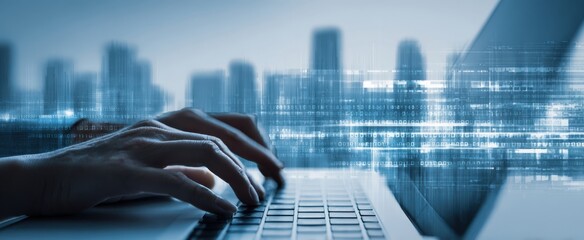 The Modern Laptop with Hands Typing in a Futuristic Cityscape Background