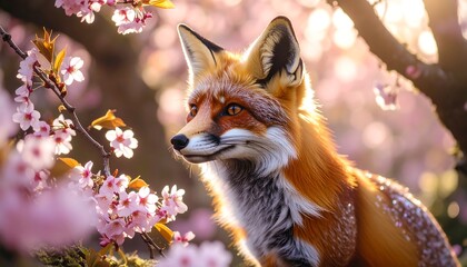 Fototapeta premium Fox in Spring Blossoms Looking Right in Nature