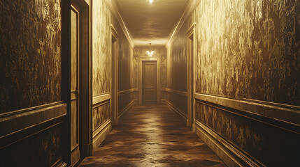 Fototapeta premium hall of a luxury home. corridor between rooms in an antique mansion with vintage wallpaper and patterned stucco on the walls. baroque interior