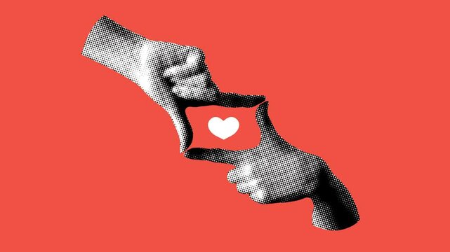 Social media heart reaction inside frame from hands. Hands showing cropping composition gesture. Modern collage. Halftone hands focus on likes. Heartbeat in frame made of hands. Animation