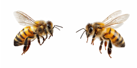 Two honeybees facing each other in a symmetrical composition on a black background