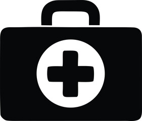 Simple black silhouette of a medical first aid kit with a white cross inside a circle on its front featuring a handle