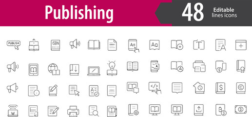 Fototapeta premium Publishing Line Icons, Book Release, Print Press, Article, Manuscript, Publishing Platform, Editable Formats: AI, EPS, PNG, JPG, Ideal for Both Digital and Print Use 