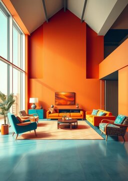 A mid-century modern living room featuring retro furniture bold patterns and a vibrant color palette of orange and teal Empty room interior design architecture blank design room striking struct