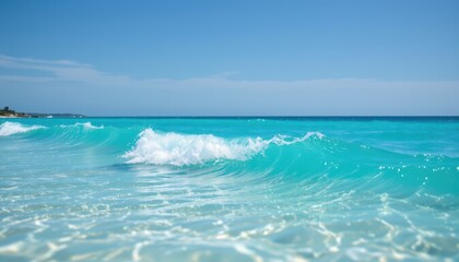 electric blue toned summer beach scene with small waves and crystal clear water under a blue sky on a sunny day.