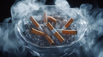 Overfilled Ashtray with Cigarette Butts and Smoke Close Up Still Life