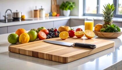 Wooden Cutting Board with Knife and Fresh Fruit 