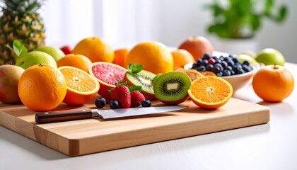 Wooden Cutting Board with Knife and Fresh Fruit 