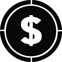 A bold black and white graphic icon featuring a prominent white dollar sign centered within a segmented circular border representing financial value and opportunity