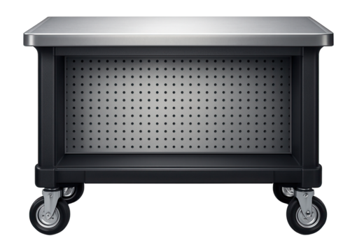 Mobile workbench with lockable casters, featuring a metal pegboard for tool storage, ideal for a garage workshop.
