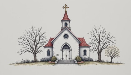 chapel surroundings hand drawn style optimized for photo use copy space at bottom position the subject clearly.