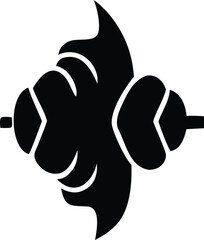 Abstract black silhouette of a stylized winged creature or mythical beast with segmented body parts and a central crest