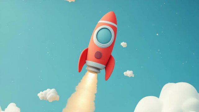 Colorful cartoon rocket launch with smoke and clouds in bright blue sky, flying upward through fluffy clouds and stars, inspiring space exploration and adventurous journey