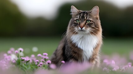 Obraz premium A cat sitting among colorful flowers in a lush garden