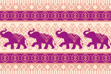 Vector Thai textile pattern with traditional elephant motif in pixel art style, perfect for fabric, wallpaper, or cultural design projects.