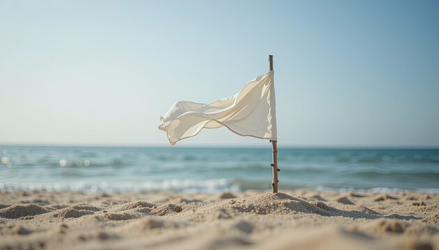 White fabric flag on stick planted in sandy beach with ocean background and blue sky, peaceful summer travel scene with minimal natural landscape and coastal breeze