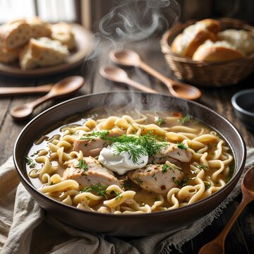 Russian lapsha chicken noodle soup in deep plate